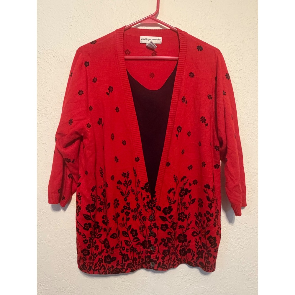 Cathy Daniels Red Floral Button Front Cardigan Sweater with Mock Layer 1X